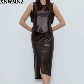 

XNWMNZ za women retro pu leather chocolate crop blouse sleeveless 2020 summer chic female sexy slim shirt tops