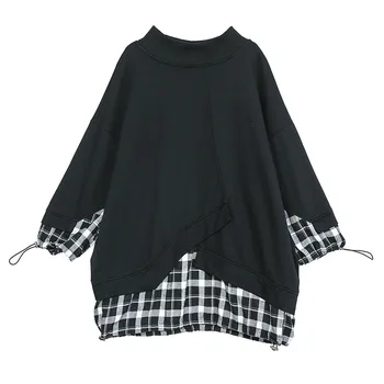 

LANMREM 2020 new black whtie Lattice patchwork oversize Pullover Hip Hop Hoodies Irregular False Two Pieces sweatshirt YH767