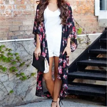 

Summer Women Sexy Open Stitch Bathing Suit Short Sleeve Chiffon Swimwear Floral Print Beach Cover-Ups Long Tops for Baby Girls