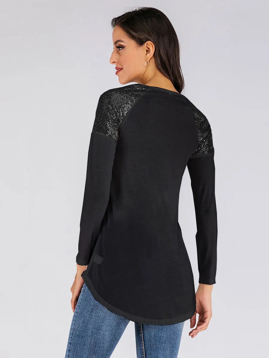 BornToGirl Spring Autumn Winter Black White Khaki Long Sleeve Sequin Stitching Women T Shirts