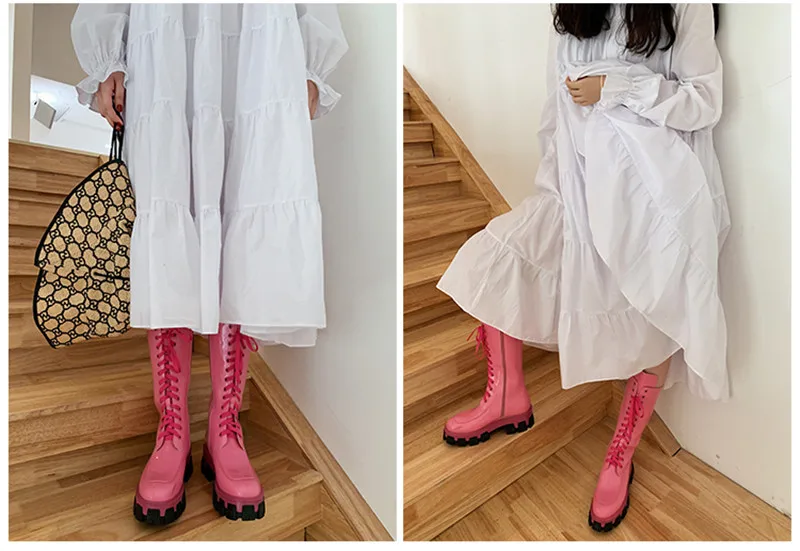Royal Belle Knee High Boots For Women Lace Up Platform Boots Woman Motorcycle Boots Brand Designer Winter Botines Mujer