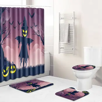

Hot Sale Happy Halloween Decorative Bathroom WC Mat Set U Shape Carpet Toilet Rugs Shower Curtain Waterproof Fabric Curtain