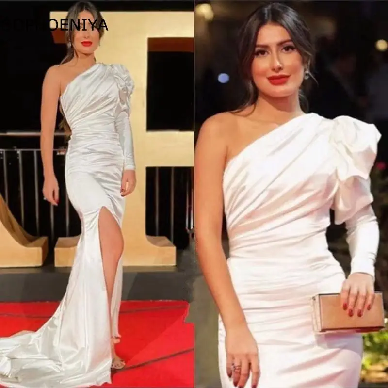 

New Arrival One Shoulder celebrity dresses for women party High Slit Champagne Evening dress Vestido de fiesta de boda