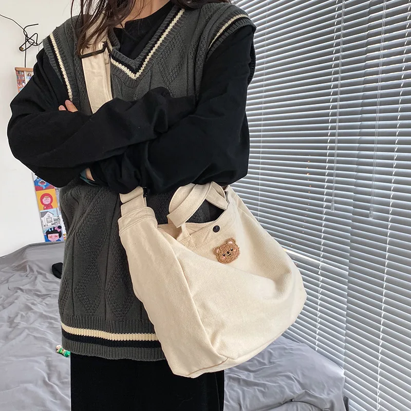

Japanese Style Collage Student Tote Bag Women Cartoon Bear Embroidery Handbag Canvas Shoulder Bag For Women 2020 Crossbody Bag