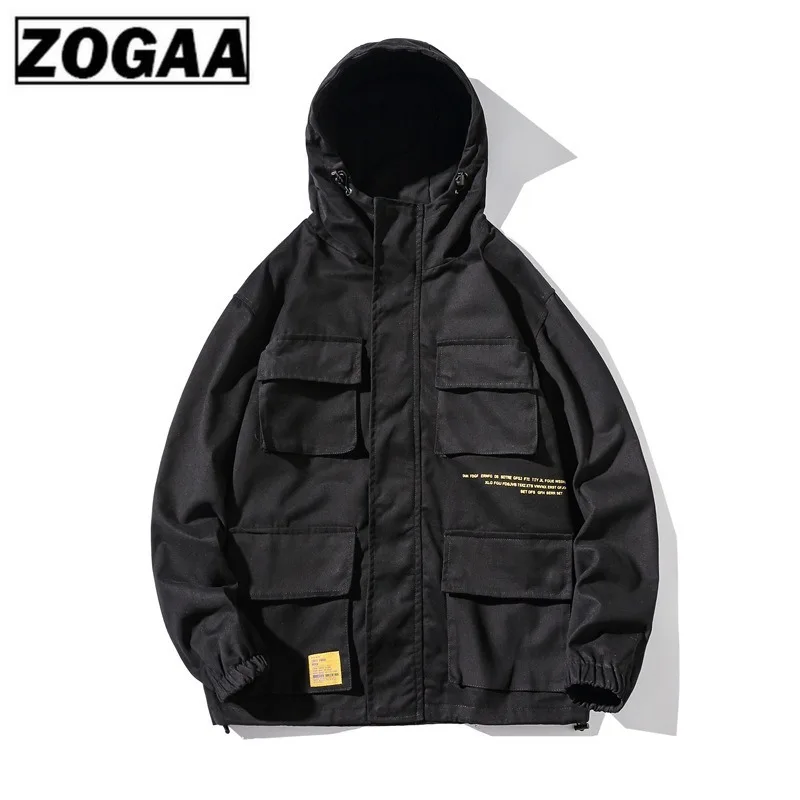 Zogaa Новинка Мужская уличная куртка однотонная хлопковая Верхняя одежда Мужская модная хип-хоп куртка с капюшоном свободная Мужская куртка с несколькими карманами