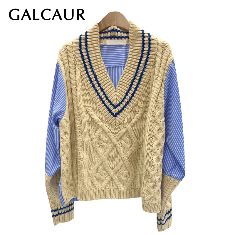 

GALCAUR Patchwork Hit Color Sweater Women V Neck Long Sleeve Oversize Korean Knitting Pullovers Female Autumn 2020 Fashion New