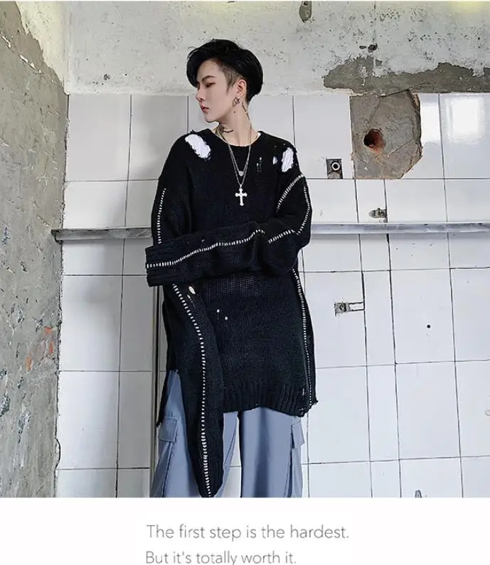 M-XL! дизайнерские модели прилива мужчин ленивый свободный отверстие тонкий свитер осень шик личности Асимметричный вязаный свитер