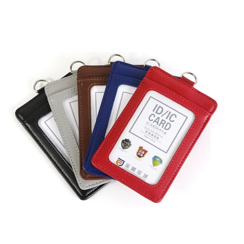 ID Card Holder 1Pc Badge PU Leather Wallet with Neck Lanyard 2-Sided Pocket