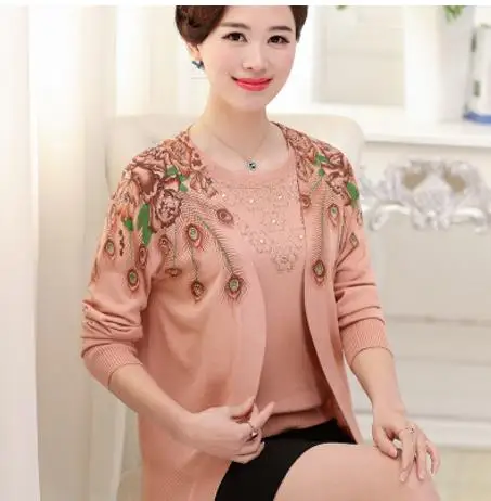 lotus pink Мода Осень Зима Пончо мать Твинсет blusa трико среднего возраста Женский вязаный свитер Женский Плюс Размер кардиганы S1132 - Цвет: lotus pink