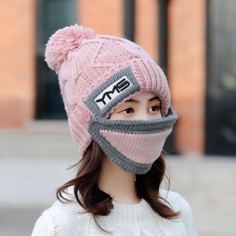 Women's Winter Scarf Hat Sets Hats Knitted Face Protection Mask 3 Pieces Set Balaclava Skullies Beanies Ski Beanie Warm Thick