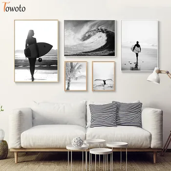 

Seascape Canvas Painting Sandy Beach Poster Surfing Print Ocean Waves Wall Art Black and White Nordic Wall Paintings Picture