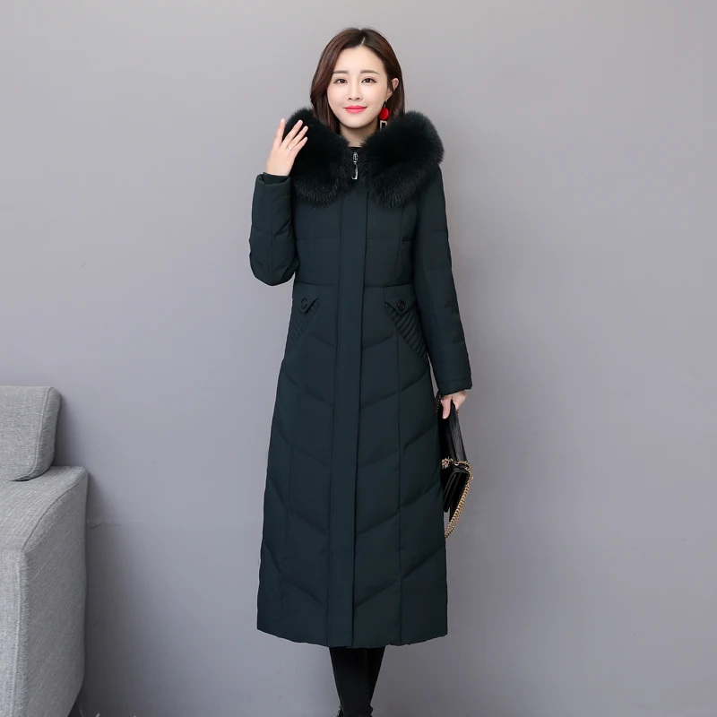 Plus Size 6XL Mid-aged Women Winter Jacket Mom Warm Thick Graceful Long Coat Detachable Fox Fur Hooded Down Jacket Coat