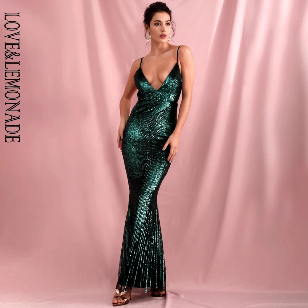 

LOVE&LEMONADE Sexy Green Deep V-Neck Geometric Sequins Slim Fit Open Back Fishtail Party Maxi Dress LM81225-1