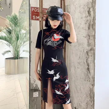 

FZSLCYIYI New Satin Women's Traditional Chinese Cheongsam Dresses Vestido Printing Stand Collar Short Sleeve qipao
