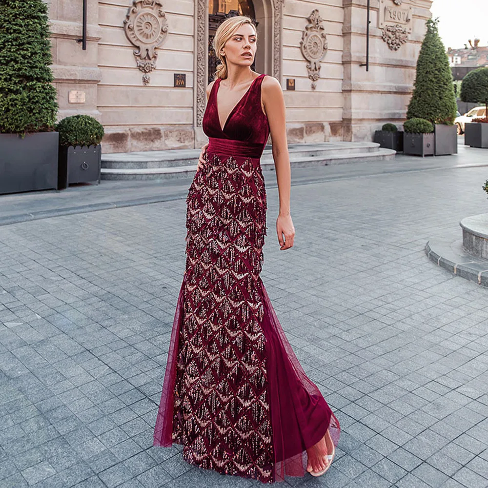 Sexy Deep V Neck Velvet Tassel Sequin Vintage Long Evening Party Dress Women Retro Elegant Plus Size High Waist Gala Maxi | Свадьбы и