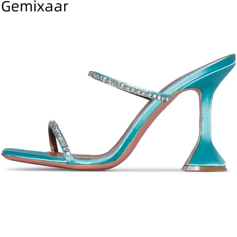 Women Slippers Summer Hot Sale Square Toe Thin Strap Decor Crystal Party Slides Multy Colors Plus Size Women Slippers 35-43