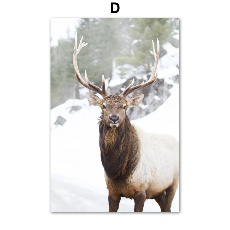 Wall-Art-Canvas-Painting-Winter-Hill-Snow-Forest-Pine-Deer-Bison-Nordic-Posters-And-Prints-Wall (6)
