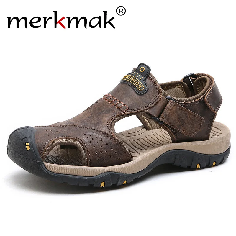 

Merkmak Genuine Leather Summer Outdoor Beach Sandals Anti-shock Non-Slip Men's Casual Shoes Comfortable Toe Protective Sandals