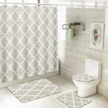 

4 pcs/set Bathroom Shower Curtain Durable Waterproof Rug Cover Non-Slip Mat Bath Bathroom Set Set Toilet Curtain N6I7