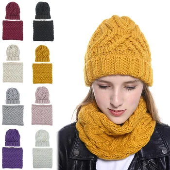 

Fashion Women Winter Solid Color Knitted Hat And Scarf Two Pieces Set Beanies Female Simple Cotton Warm Cap Collars Scarfs Set