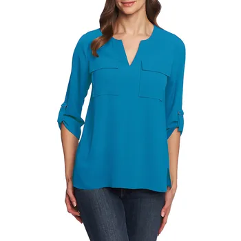 

Blouse women блузка женская tops and blouses Pockets V-neck Cropped Sleeves Can Be Sleeved Irregular Loose Chiffon Blouse #3
