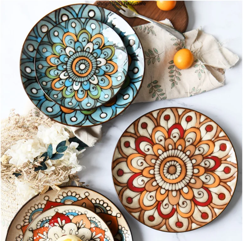 

Creative hand-painted ceramic plate round plate dish home Western steak salad dessert cake sushi home decoration hanging plate