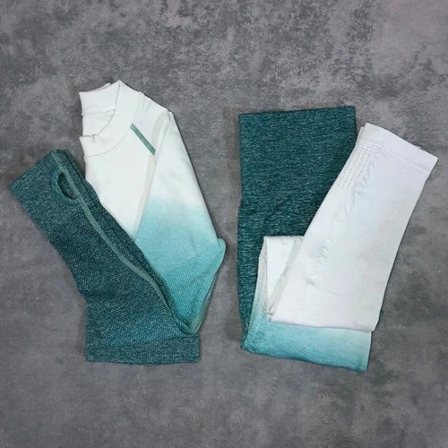 Style 1-Green Женский бесшовный комплект для йоги из 2 предметов, спортивный костюм для фитнеса, тренировки в тренажерном зале, укороченный топ, длинный рукав, для йоги, рубашка+ Леггинсы для йоги, женская спортивная одежда - Цвет: Style 1-Green