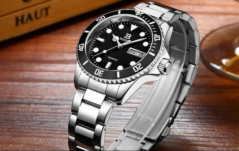 Новые часы Бингер для плавания спортивные часы для мужчин кварцевые часы с большим циферблатом стальные водонепроницаемые наручные часы Супер Светящиеся B-9203M