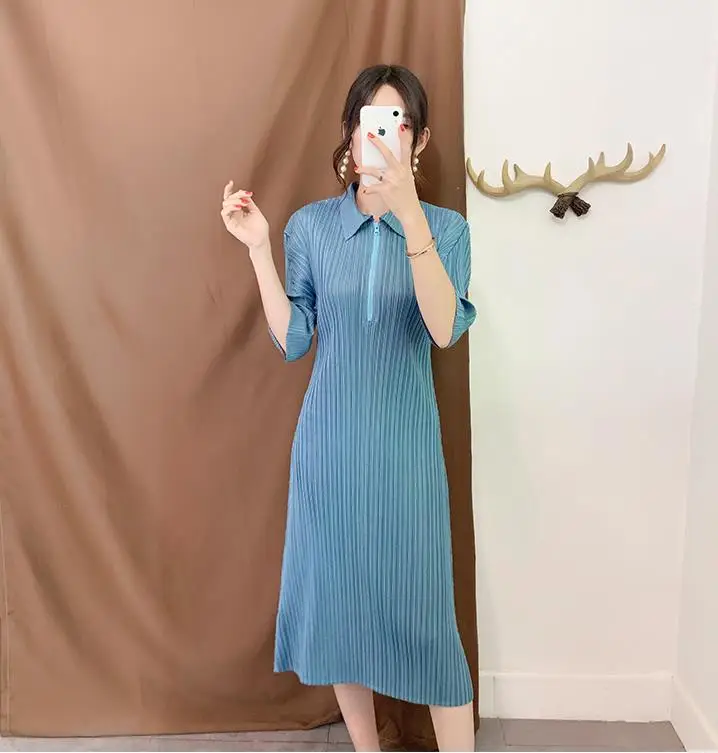 Miyake/плиссированное платье; Новинка осени; костюм с рукавом в семь точек; плиссированное платье с воротником; женская одежда для похудения;