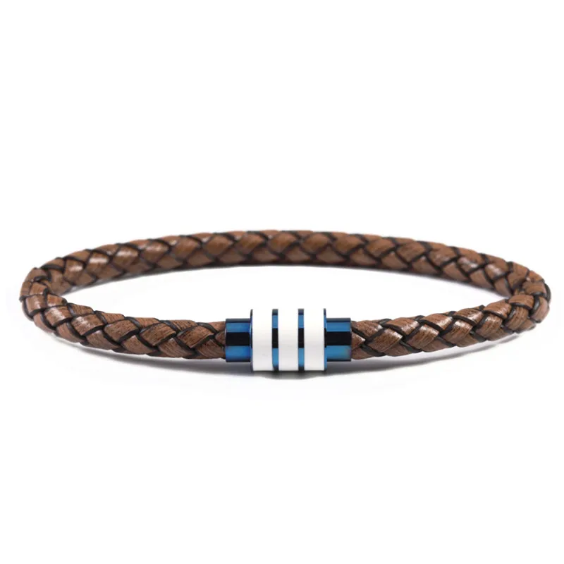 Blue Brown Черный Винтаж из натуральной кожи плетеный кожаный браслет Для мужчин Для женщин Нержавеющая сталь Магнитная застежка мужской браслеты для щиколоток, для панков, ювелирные изделия - Окраска металла: Blue Brown