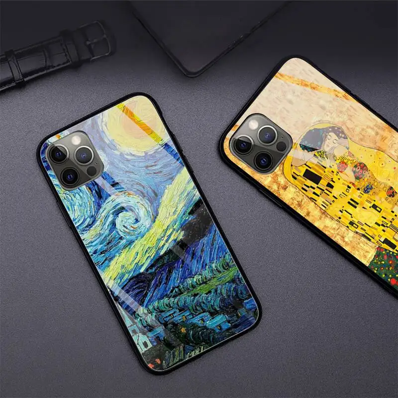 Чехол для телефона со стеклом Ван Гога Звездная ночь Klimt Kiss iphone 11 iPhone 12 Pro Max Mini XR XS