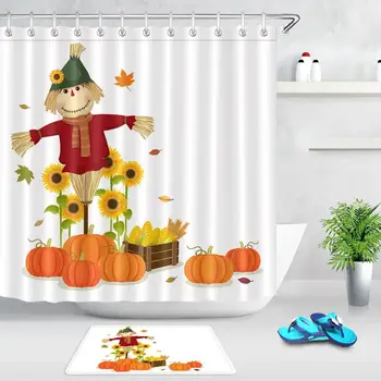 

Autumn Thanksgiving Shower Curtain Harvest Scarecrow and Pumpkin Sunflower Crops Bathroom Bathtub Decoration Waterproof Fabric