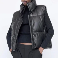 ZA 2021 women Black Warm Faux Leather Vest Coat Casual Zipper Sleeveless Jacket Female Short Cotton Outwear