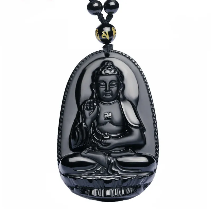 Высокое качество уникальный натуральный черный Обсидиан Резной Будда Лаки амулет кулон ожерелье для женщин мужчин Подвески Ювелирные изделия - Окраска металла: 5