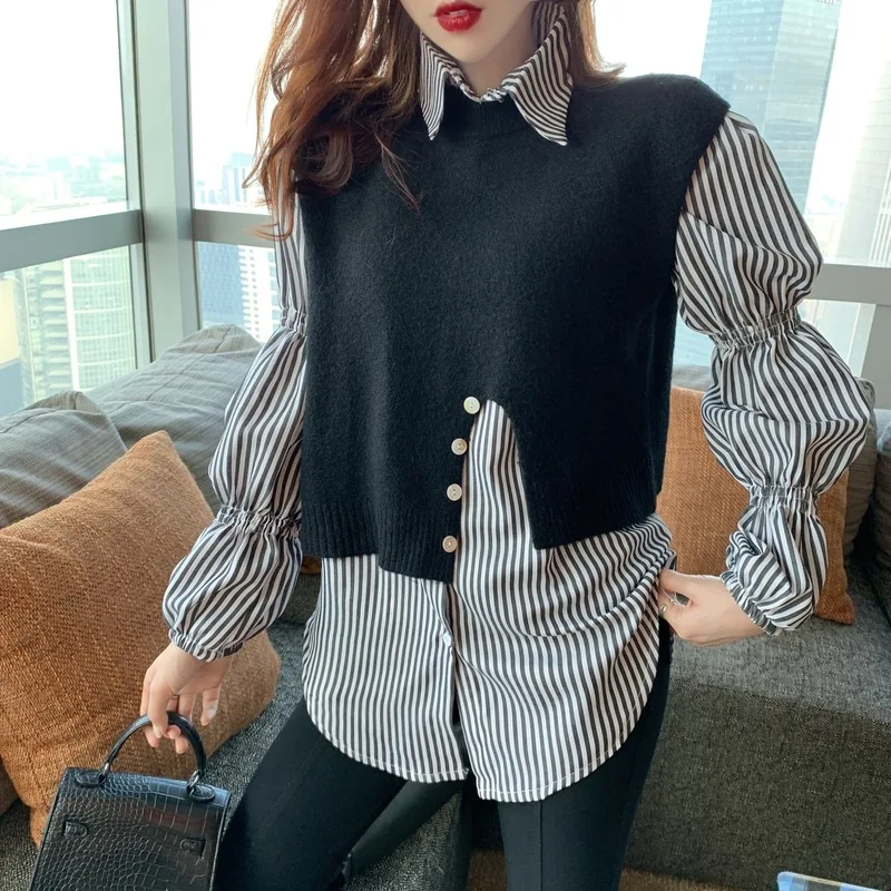 

Photo Shoot 2020 Versatile Sleeveless Slit Knitted Sweater Waistcoat + Lantern Sleeve Sense of Design Shirt Set