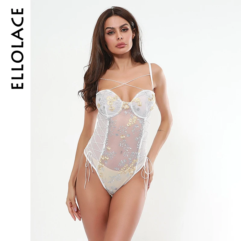 

Ellolace Sexy Mesh Embroidery Bodysuit Women Rompers Transparent Backless Overalls Bodycon White Casual Female Bodys Bodysuits
