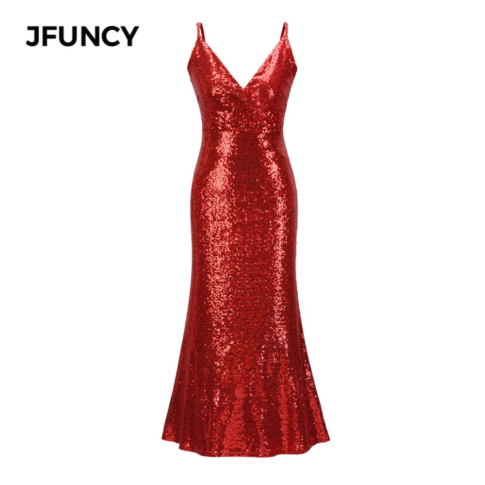 JFUNCY, женское длинное платье, весна-лето, v-образный вырез, с блестками, на свадьбу, вечеринку, ночь, элегантные платья, сексуальное, размера плюс, винтажное, макси платье