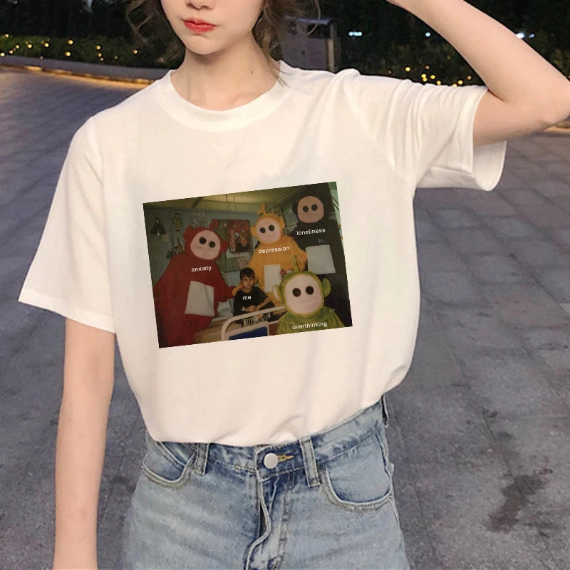 

Around Me Anxiety Depression Solitude Fun Cismar Print T Shirt Women Spoof Cartoon Short Sleeve Casual Loose T-shirt Tops