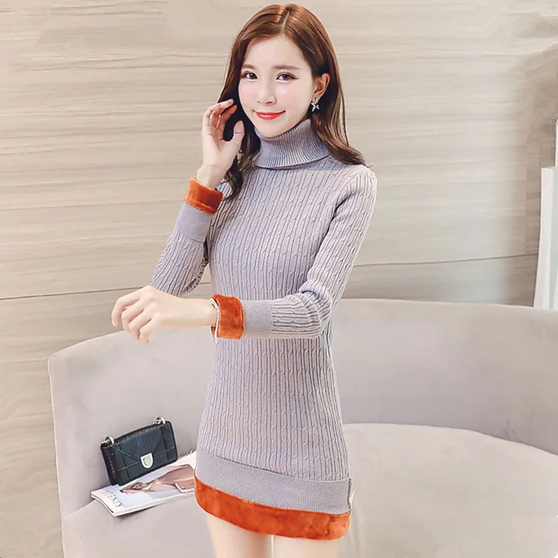 

New Women's Plus Velvet Sweater Winter 2019 Fashion Pullover Turtleneck Plus Velvet Liner Thicken Warm Slim Knitted Sweater