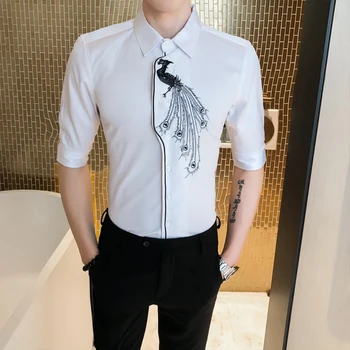 

Men's Shirts Asymmetrical design Peacock Pattern Embroidery Lapel Middle Sleeve Top Personality Casual Slim Blouse New