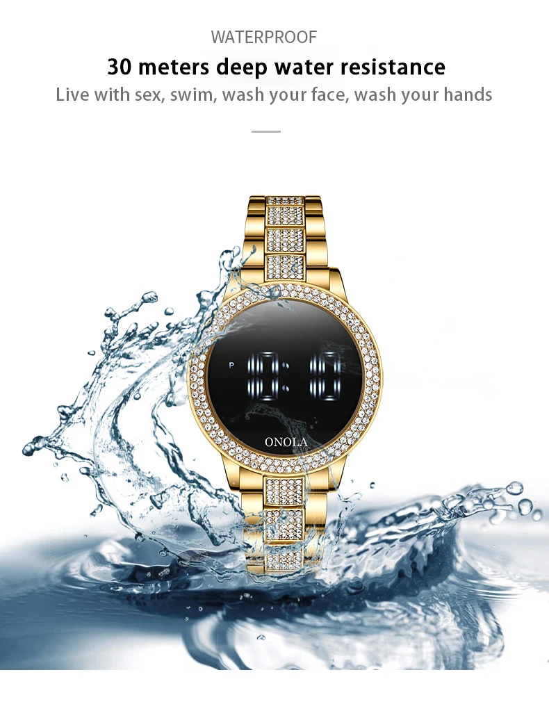 Fashion full diamond touch screen Led display ladies waterproof steel band quartz movement electronic watch business watch