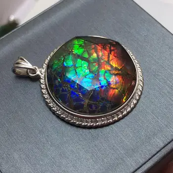 

B1211 Fine Jewelry Canada Origin 925 Sterling Silver Nature Ammonite 25mm Gems Ammolite Gemstones Unisex Pendants Necklaces