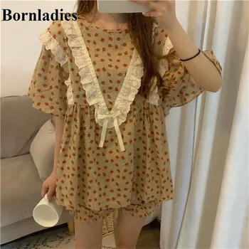 

Bornladies Chic 2020 Cute Thin Lace Up loose Flowers Retro Cute Sweet Stylish Vintage Pajamas Suits Ruffles Brief Home Clothes