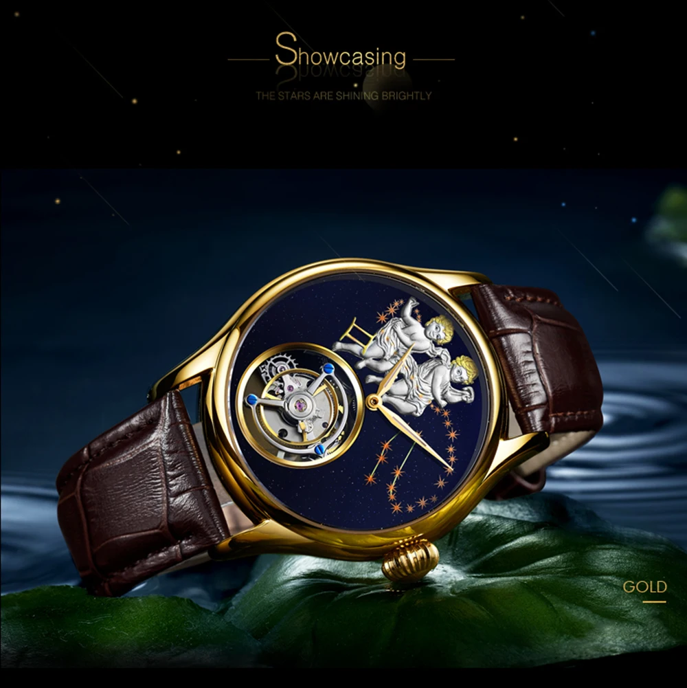 Guanqin tourbillon masculino relógio de esqueleto mecânico