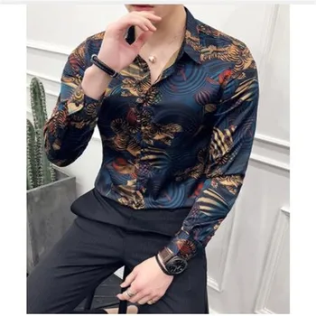 

2018 New Luxury Animal Print Shirt Men Slim Fit Long Sleeve Shirt Camisa Masculina Blue Chemise Homme Social Men Club Prom Shirt