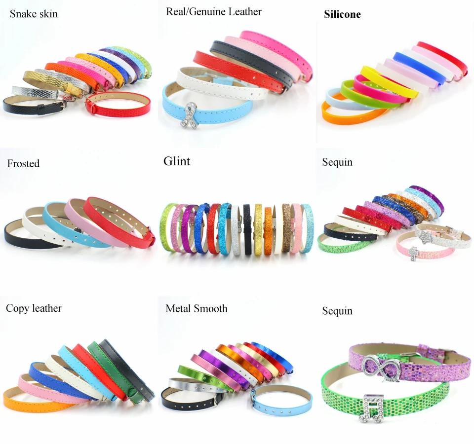 Mixed Color PU/Genuine Leather/Silicone Bracelet Wristband 8mm Width 21cm Length can Through 8mm Slide Letters Charms 10pcs