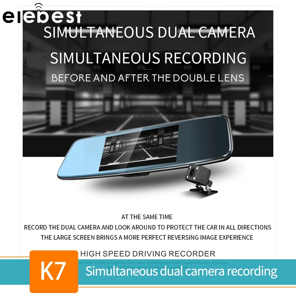 Elebest K7 10 1 дюймовый Стандартный зеркальный видеорегистратор заднего вида с двумя