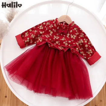 

Halilo Girls Long Sleeve Dress Spring Floral Chinese Style Princess Costume Kids Party Wear Dresses Red Color Todler Clothes