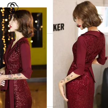 

Skyyue Half Sleeve Evening Dresses Robe De Soiree K144 Burgundy Sequined Mermaid Formal Dresses Elegant Floor Length Prom Gowns
