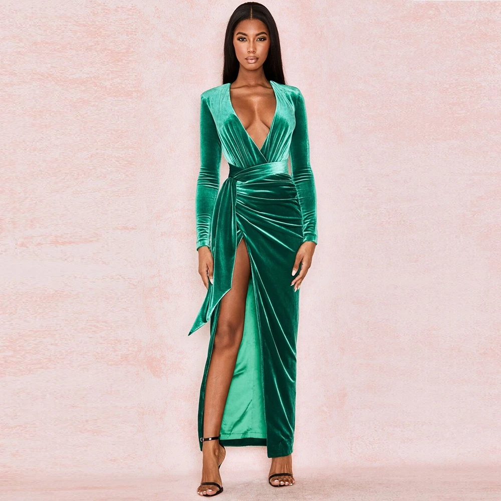 Sexy Deep V-Neck Velvet Evening Dresses with Chic Split Vintage Navy Long Sleeves Prom Dresses main image 1